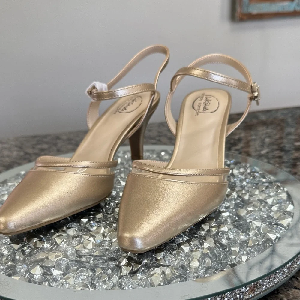 Life Simply comfort Stride Gold shimmer Strappy Heels NWOT 8W